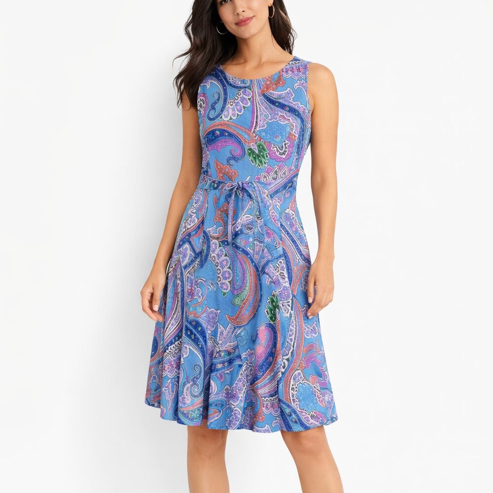 Lauren Ralph Lauren Paisley Fit & Flare Dress Blue Sleeveless Stretch Midi - Picture 6 of 6